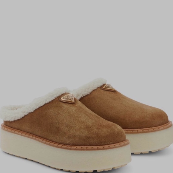 Prada Shoes - Prada Tan Suede Shearling-Trim Platform Mules